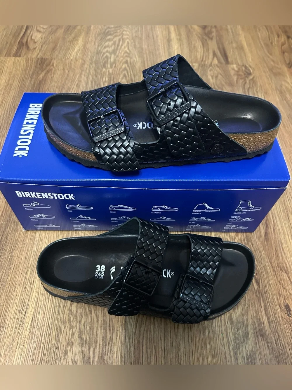 BIRKENSTOCK Arizona embossed black leather gladiator sandals slippers shoes 38